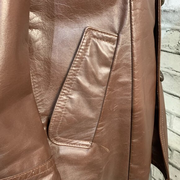 Vintage 70s Chocolate Brown Disco Leather Jacket Retro Mod Trench Coat - Picture 2 of 13